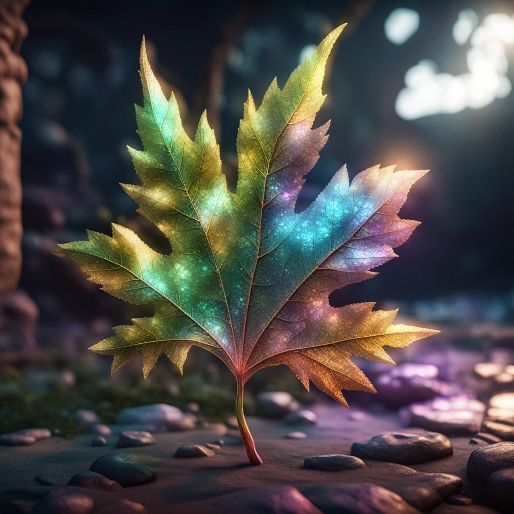 Iridescent Crystal Leaf in 3D Cinematic Style
