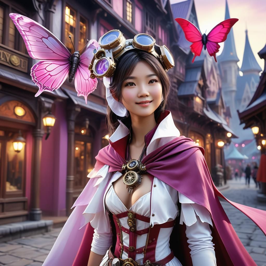 Steampunk Asian Woman with Butterfly Wing, Anime Art