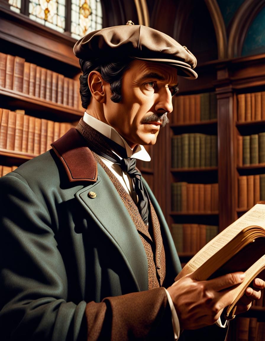 Sherlock Holmes in Library, Hyperrealistic Retro Art
