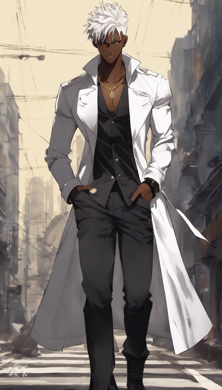 Anime Style Dark-Skinned Man with White Hair