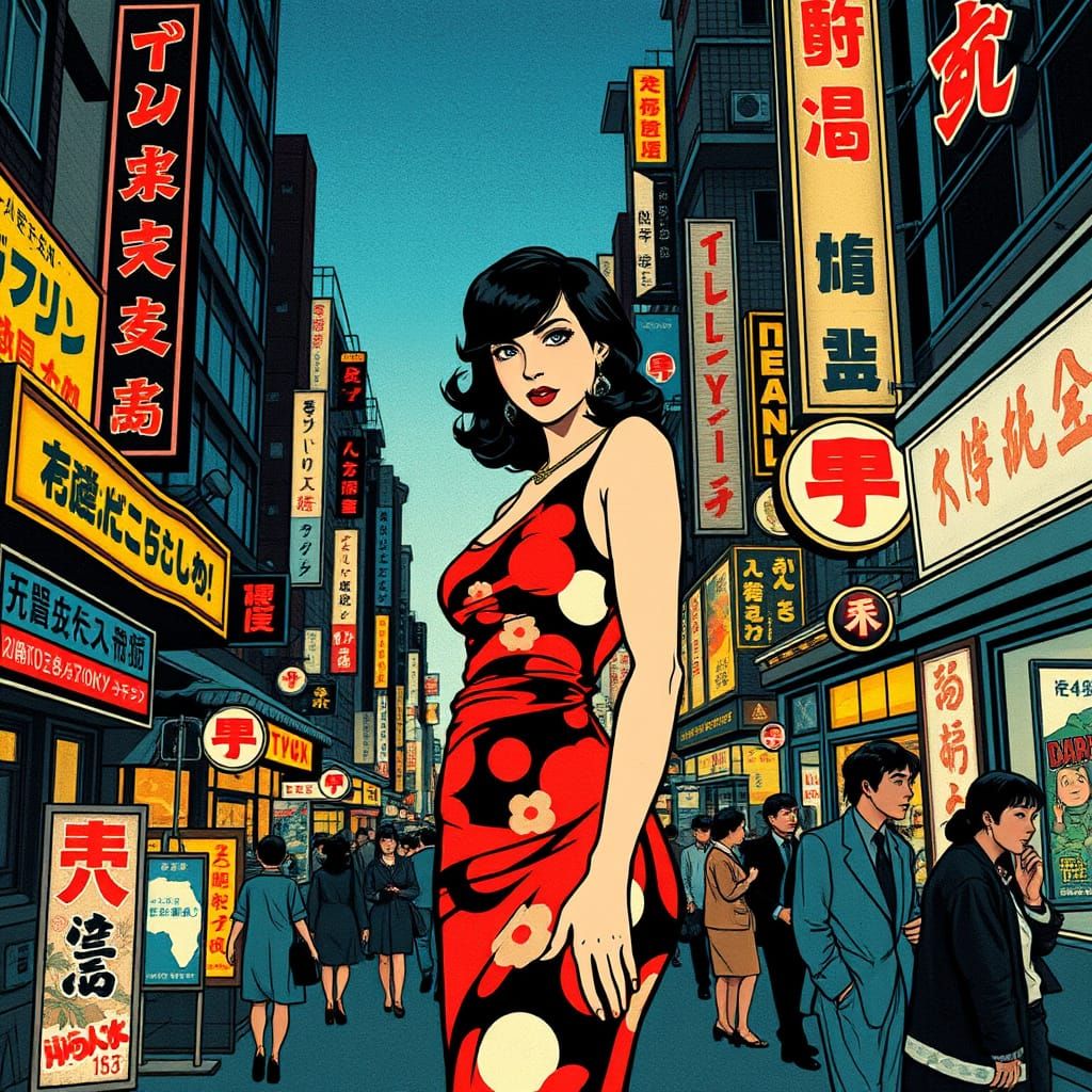 Vibrant Tokyo Femme Fatale in Retro Ukiyo-e Style