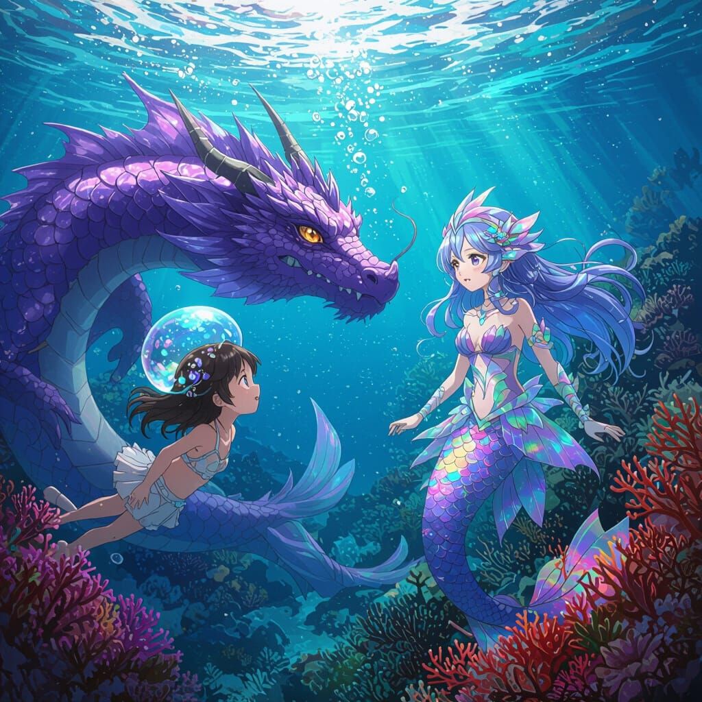 Girl Talks With Mermaid Beside Purple Dragon Underwater
