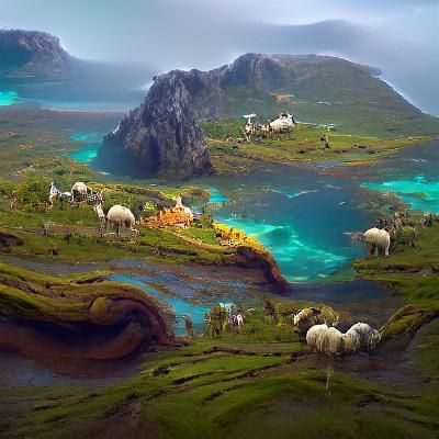Island Landscape with Sheep and Horses: Detailed Matte Paint...