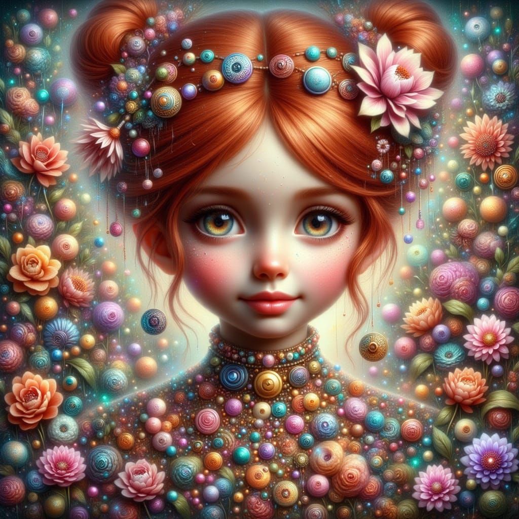 Cute Girl with Button Flowers and Red Hair