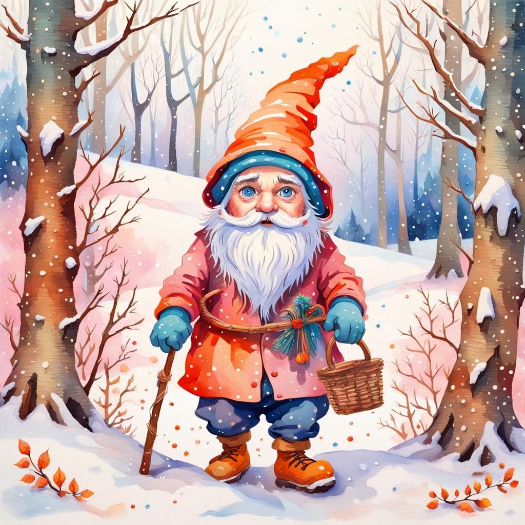 Adorable Gnome Walks in Snowy Winter Watercolor Forest