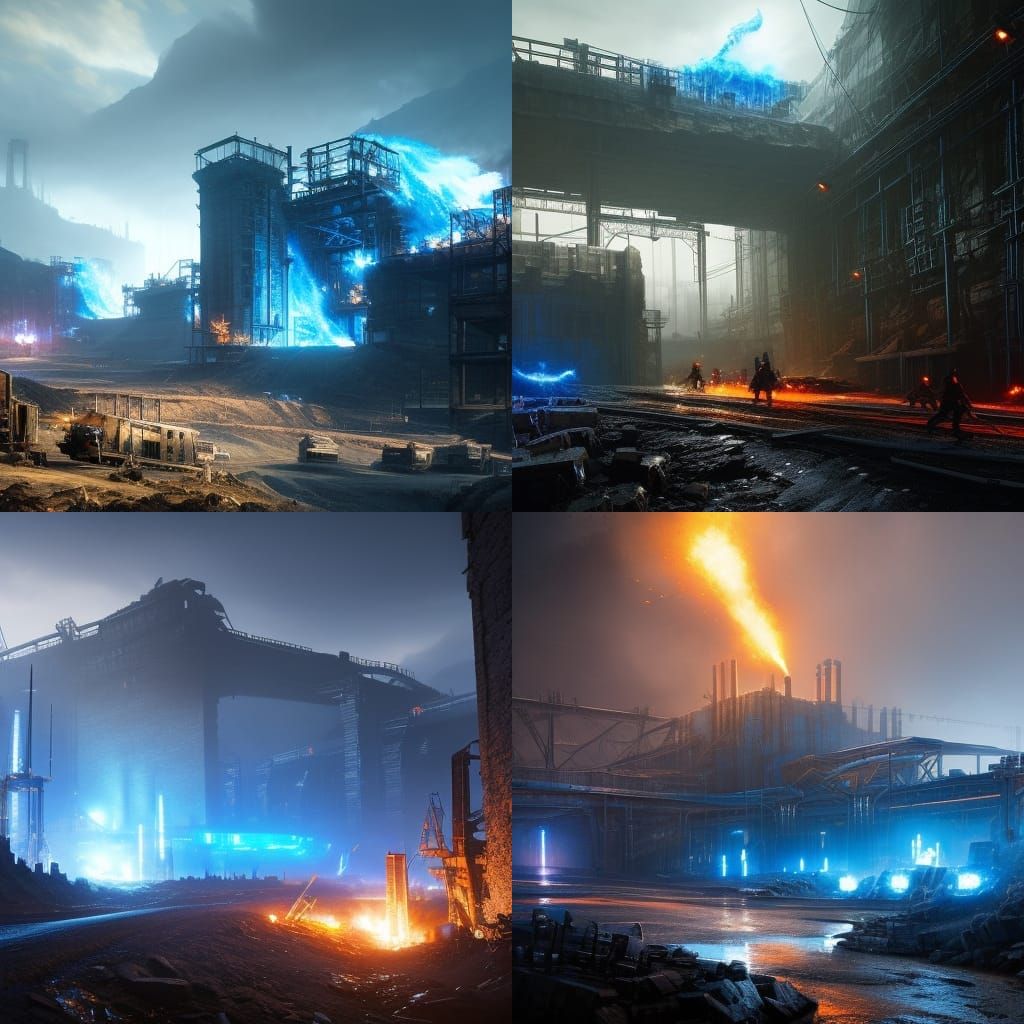 Dystopian Coal Mine with Blue Fire