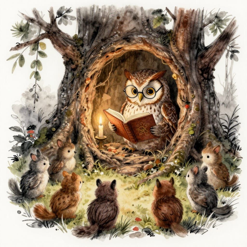 Whimsical Owl Reads Christmas Story to Forest Critters