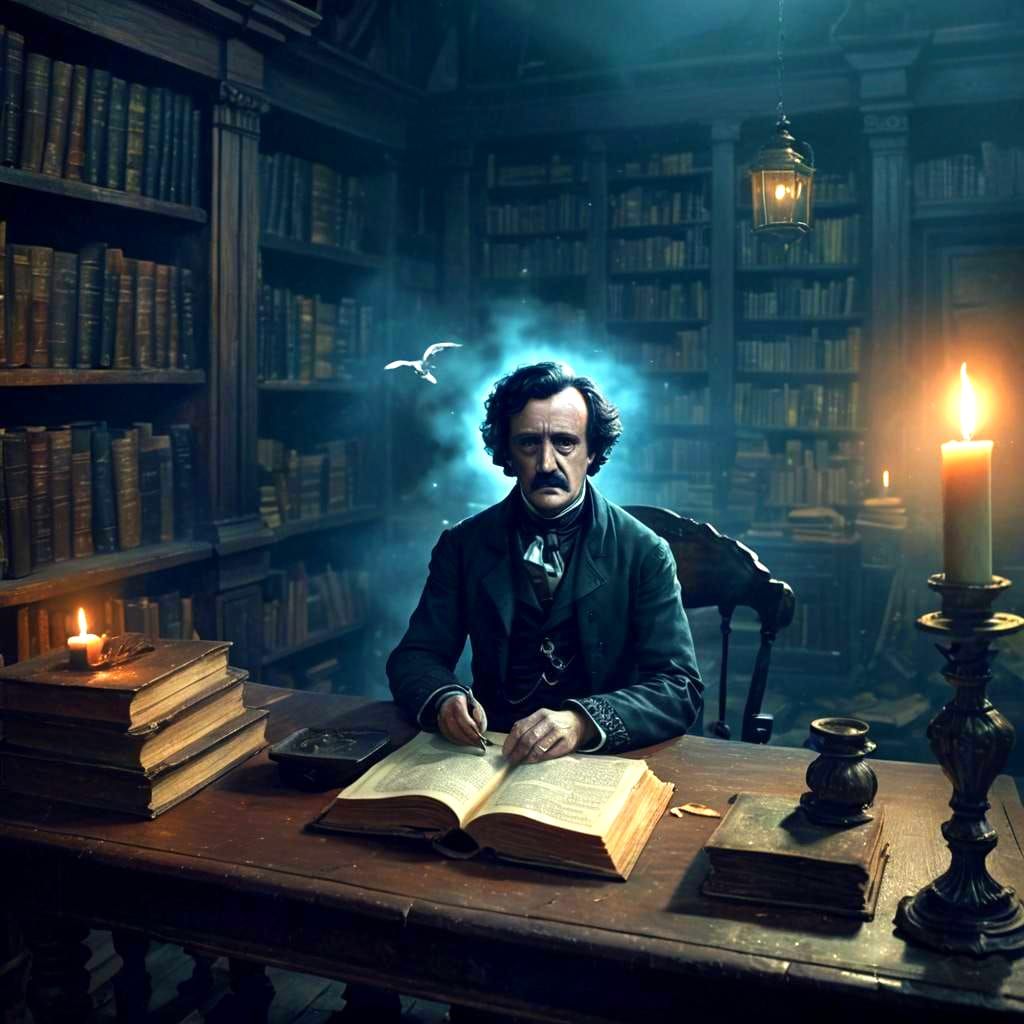Edgar Allan Poe  sitting over a cluttered wooden desk in an ancient, dark study or library. The candles above...
