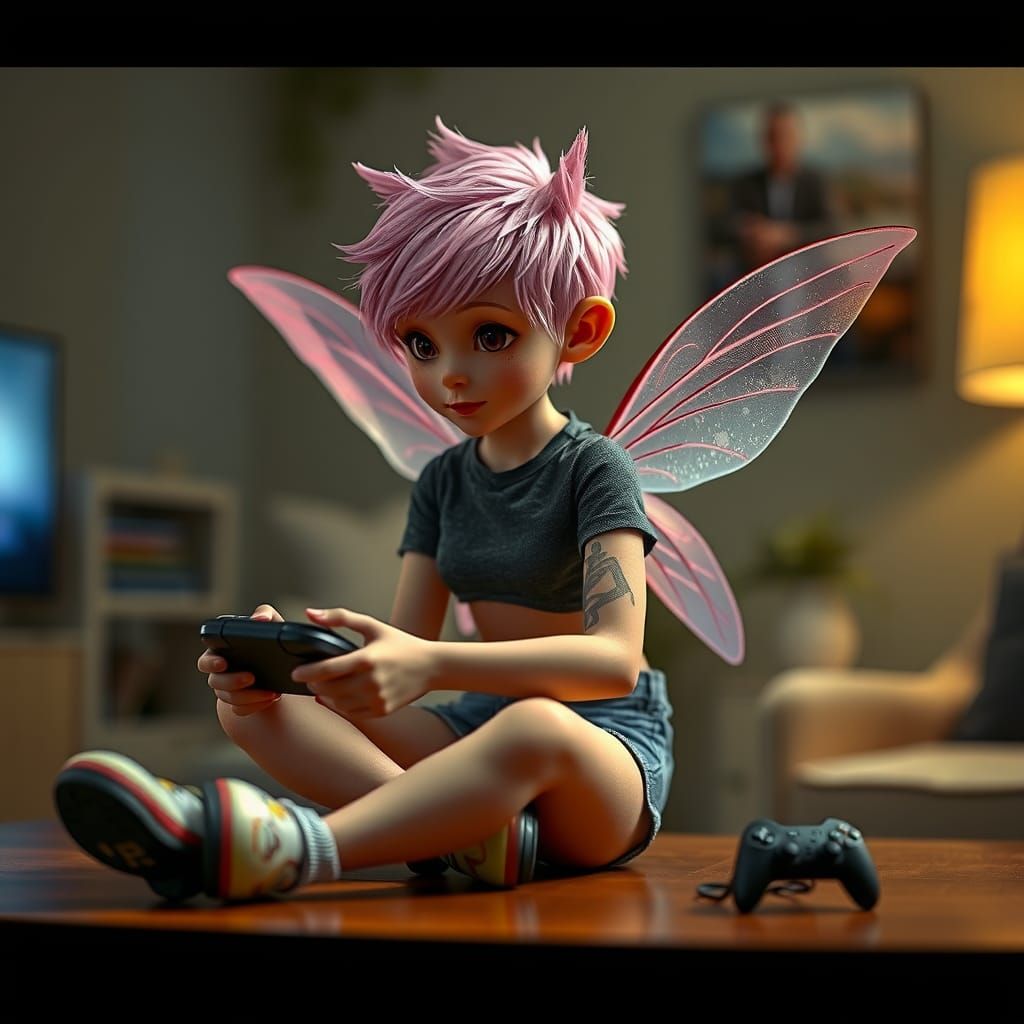 Detailed Fairy Girl Portrait Playing Video Game