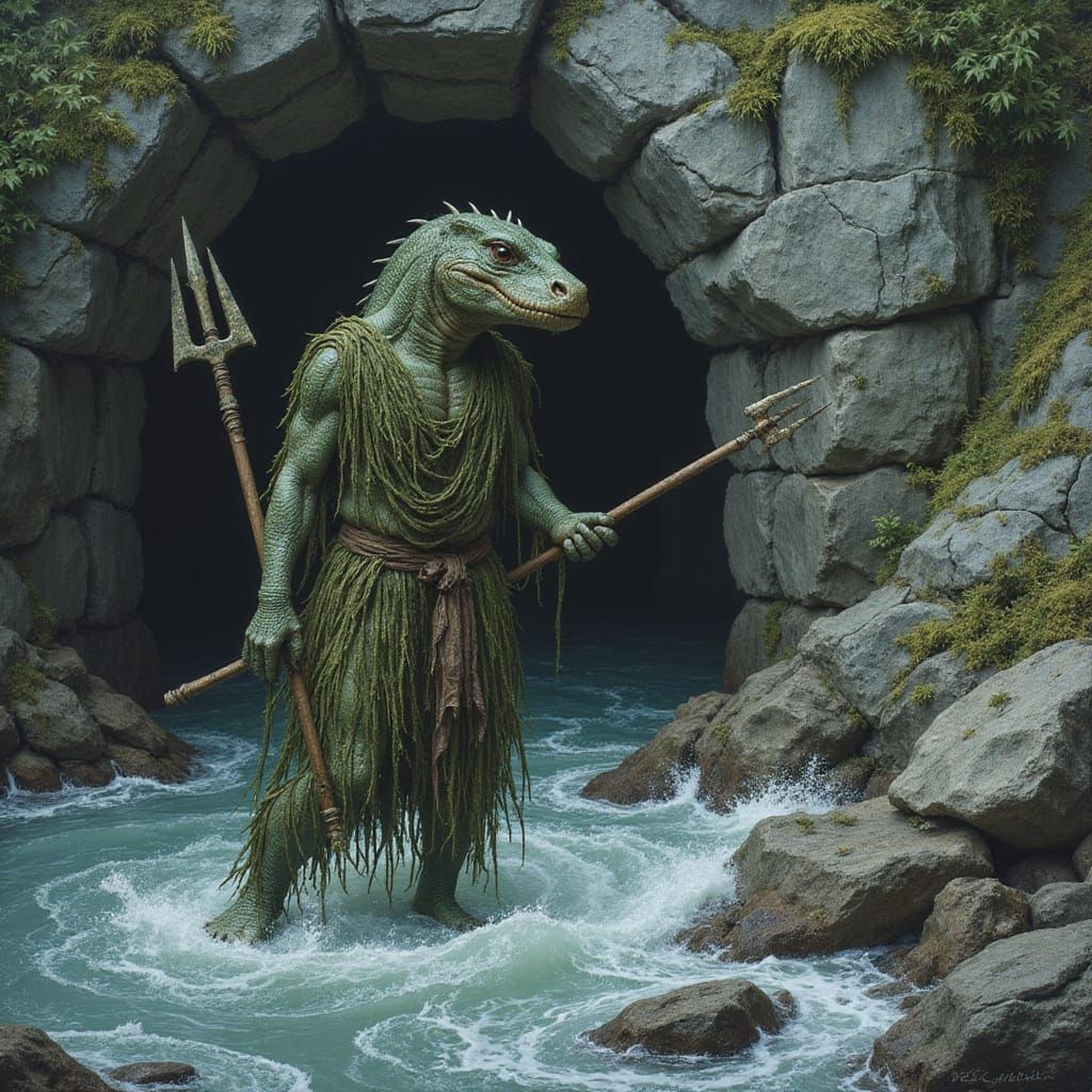 Reptilian Figure Emerges from Sea Cave: Engraving Style