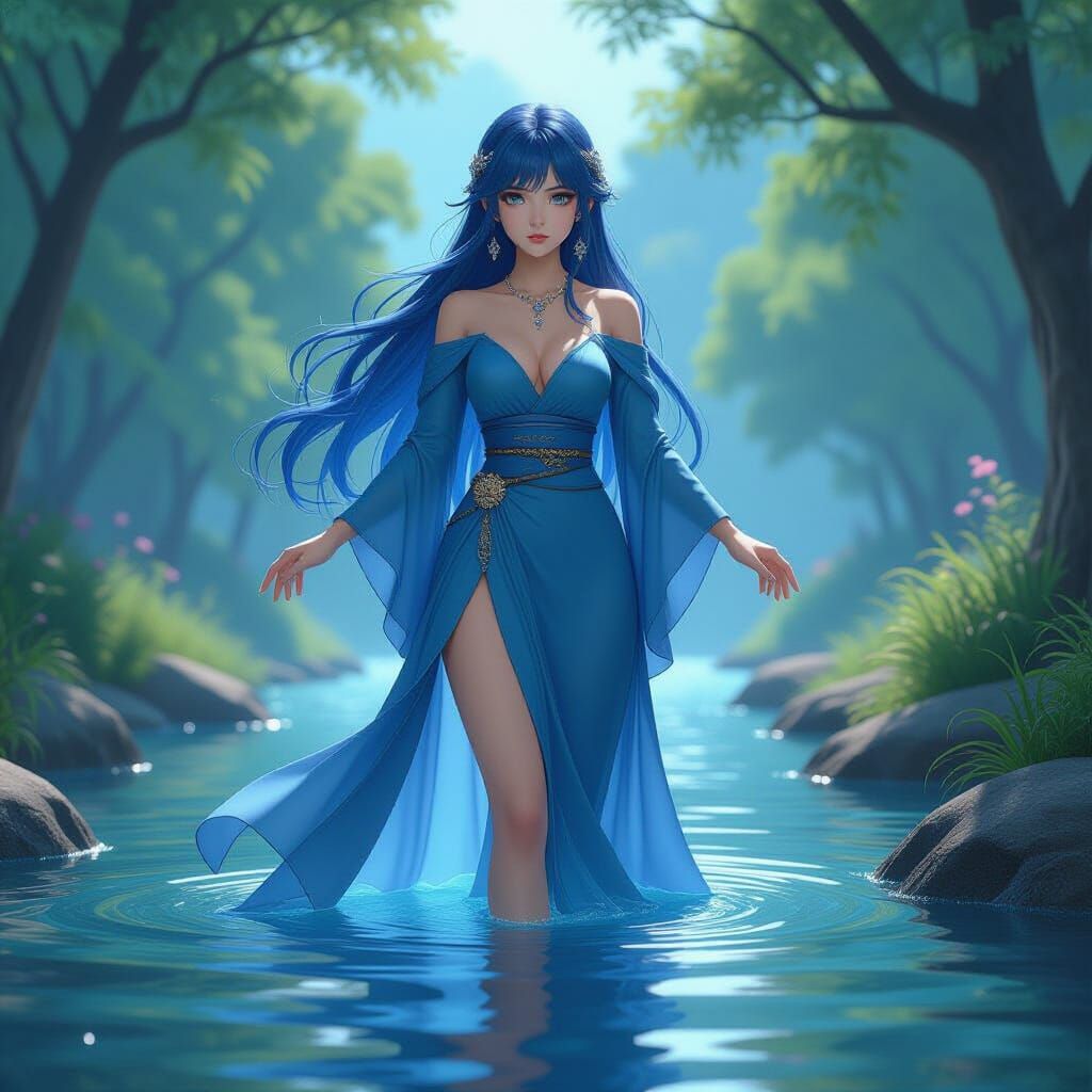 Water Princess with Silver Eyes Floating Over River