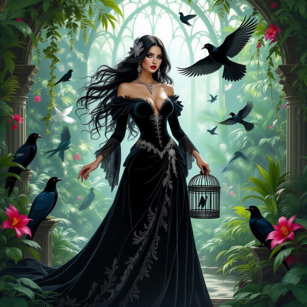 Gothic Woman in Aviary, Dark Fantasy Art