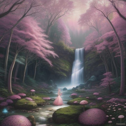Enchanted Forest Waterfall with Fairy, Digital Art
