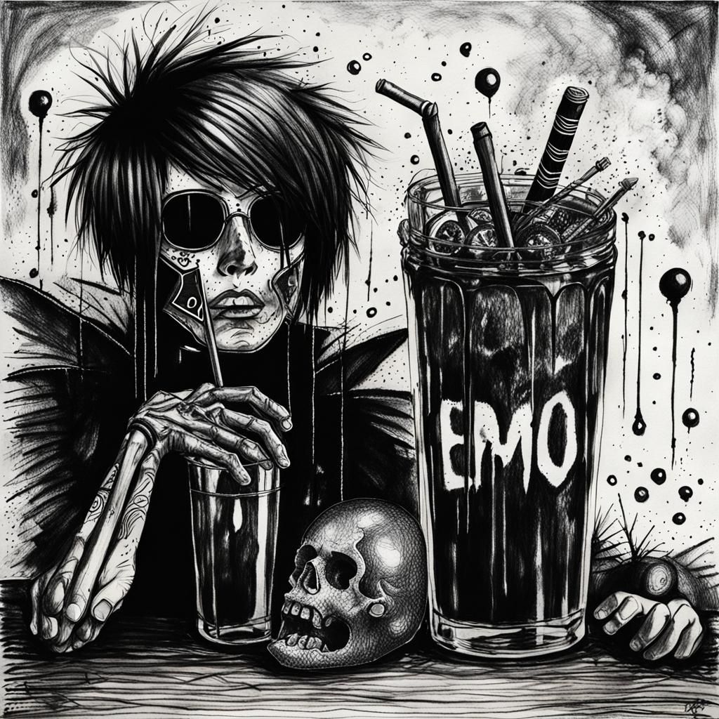 Gloomy Goth Teenager Drinking Lemonade, Surreal Crayon Art