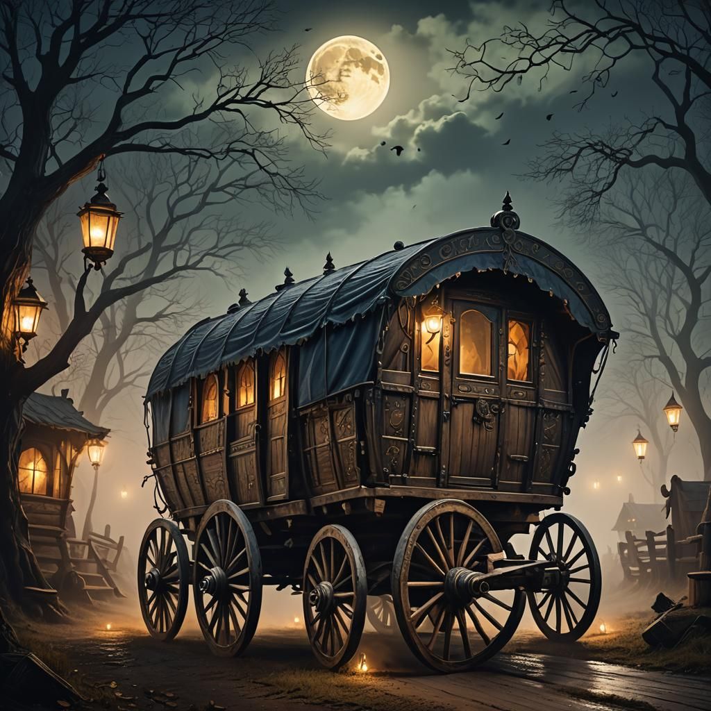 Mystical Romani Caravan in Moonlight
