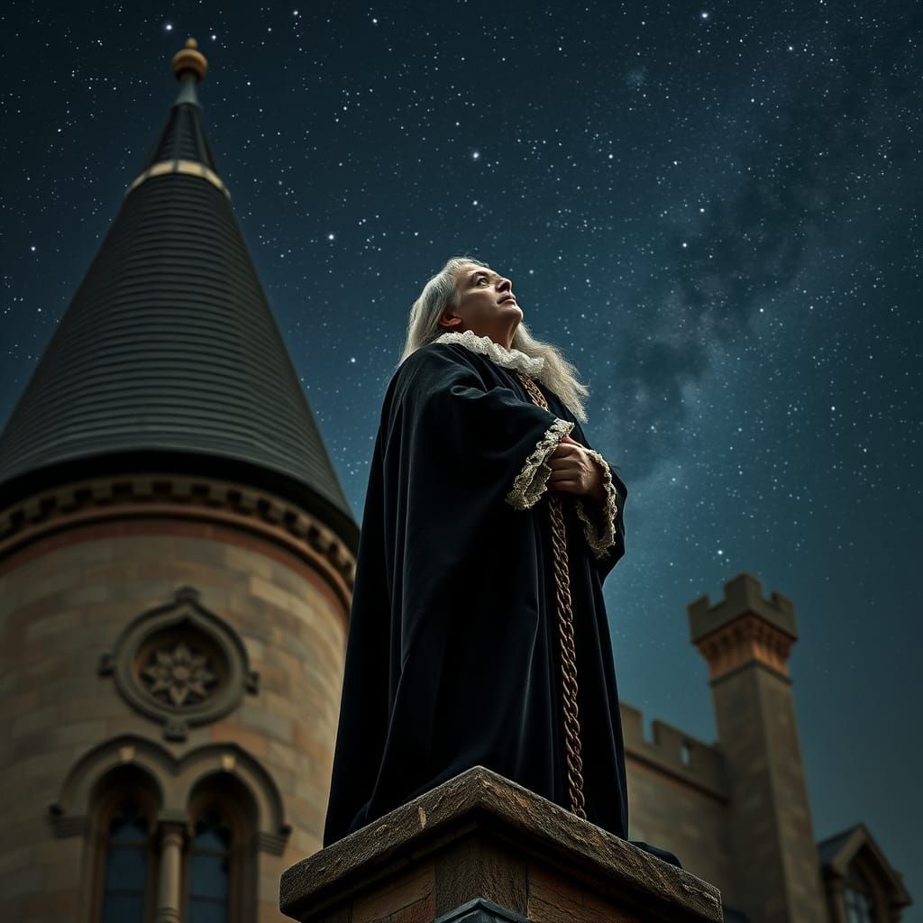 Elizabethan Man Gazing at Stars from Tudor Mansion