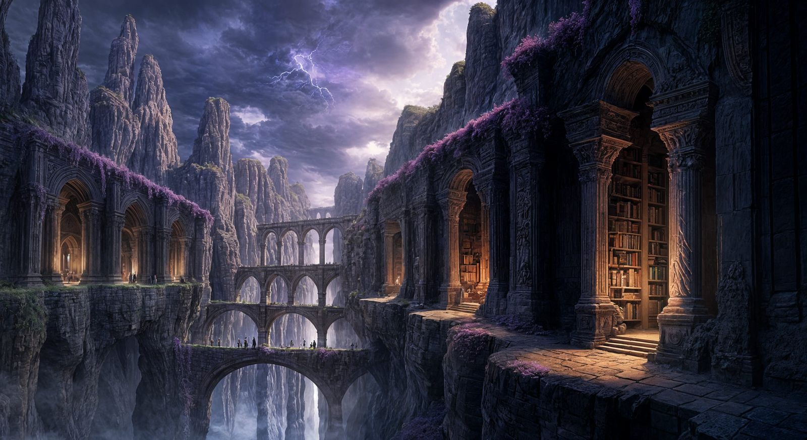 Majestic Canyon City Library Under Violet Sky