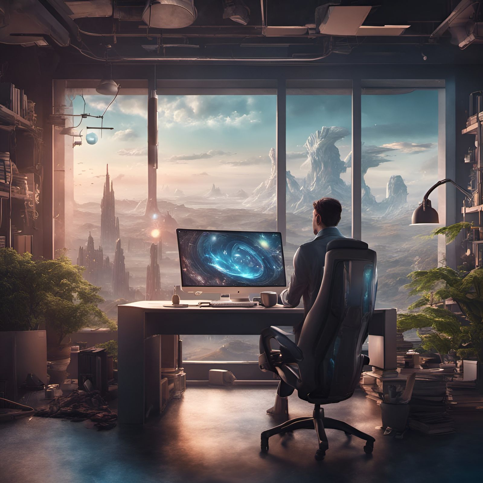 Science Fantasy Office with Coffee Mug