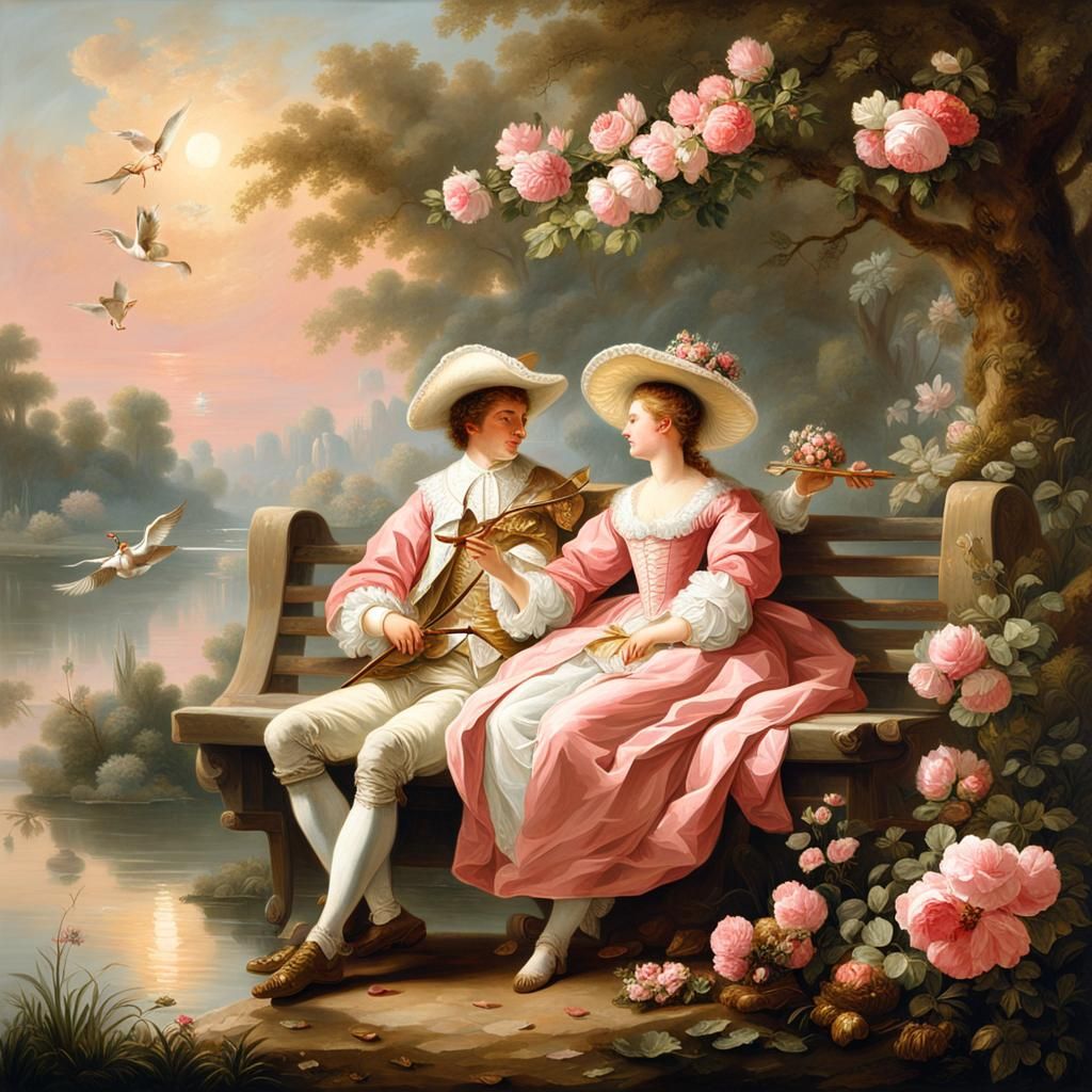 Loving Couple by Lake: Rococo Gouache Painting