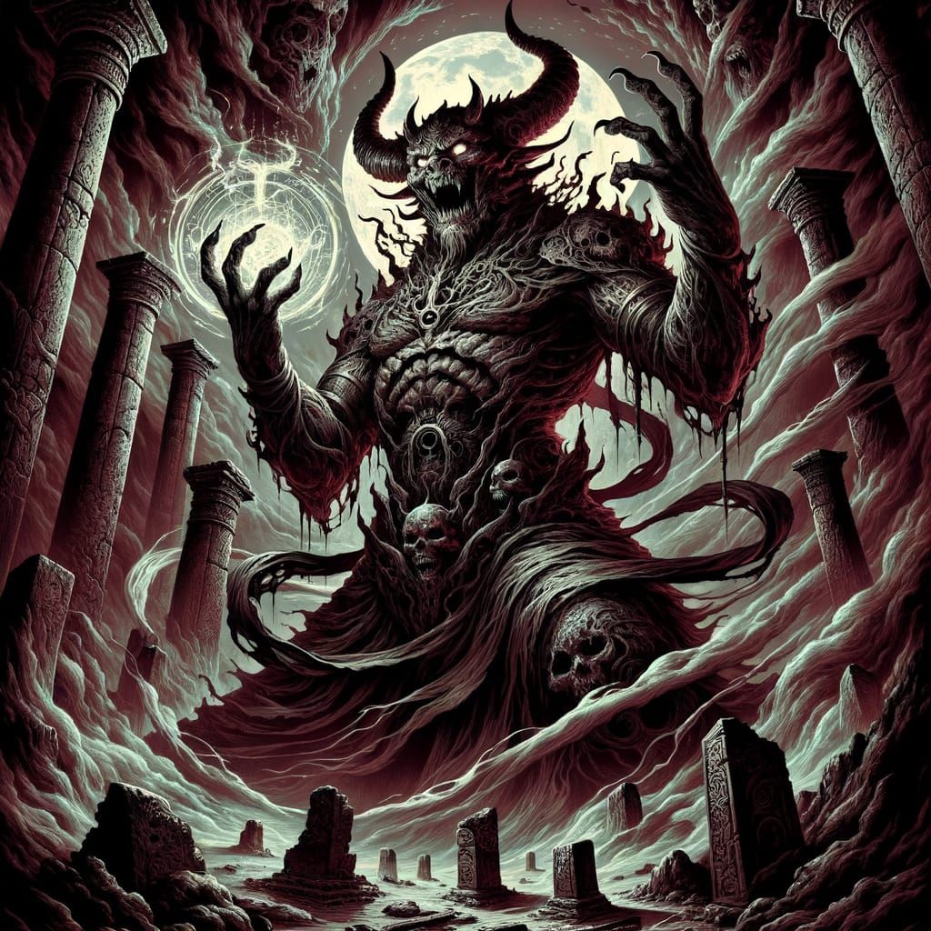 Ominous Oni Practices Dark Magic in Desolate Landscape