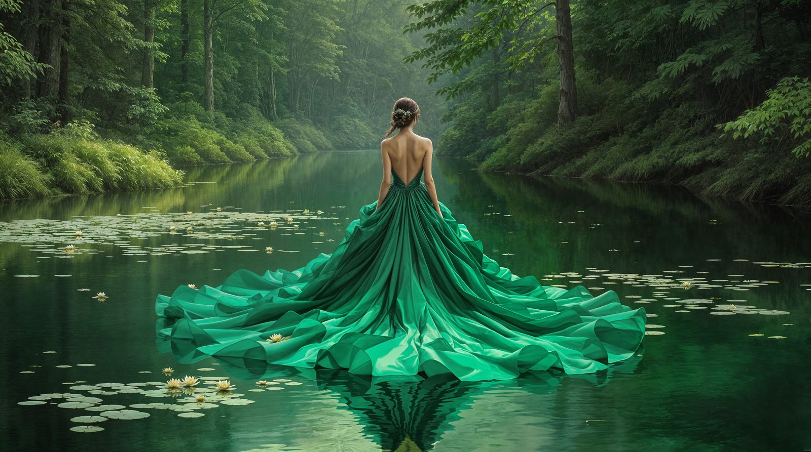 Serene Emerald River Goddess in Impressionist Style