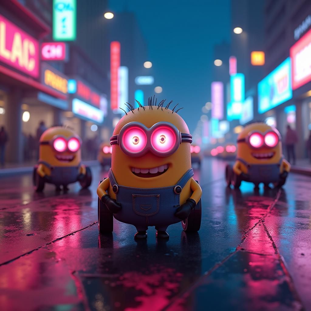 Minions Race in a Neon-Lit Futuristic City