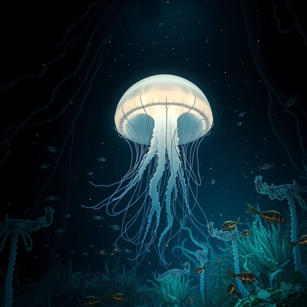 Ethereal Bioluminescent Jellyfish in Deep-Sea Trench