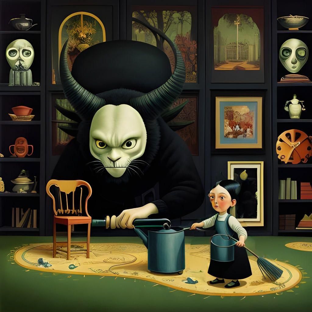 Whimsical Housework Scene in Naive Art Style