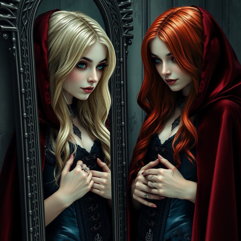 Witch Twins Reflected in Gothic Mirror