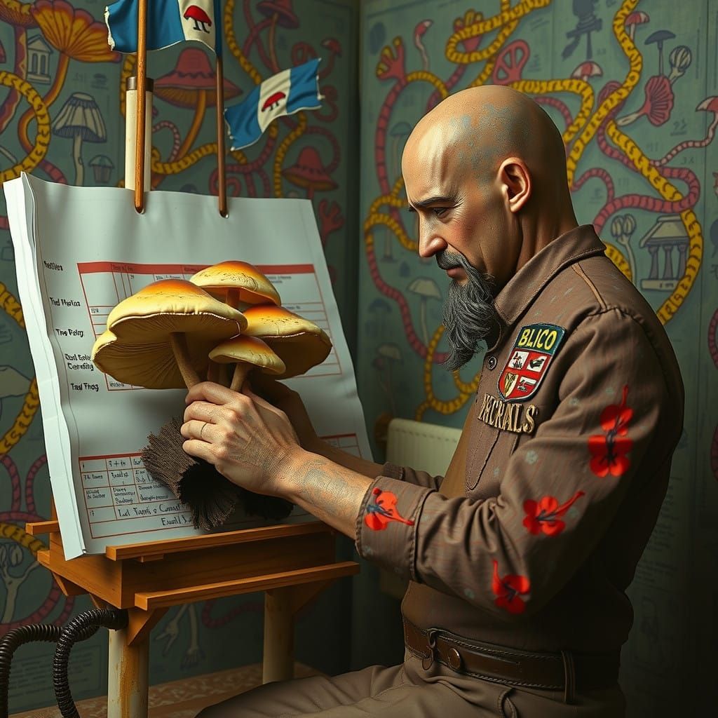 Whimsical Bureaucratic Mushroom Landscape in Mixed-Media Sty...