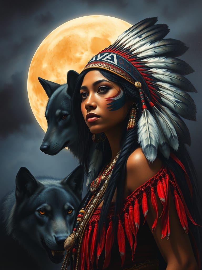 Native American Goddess Under Full Moon, in Hyper-Detailed O...
