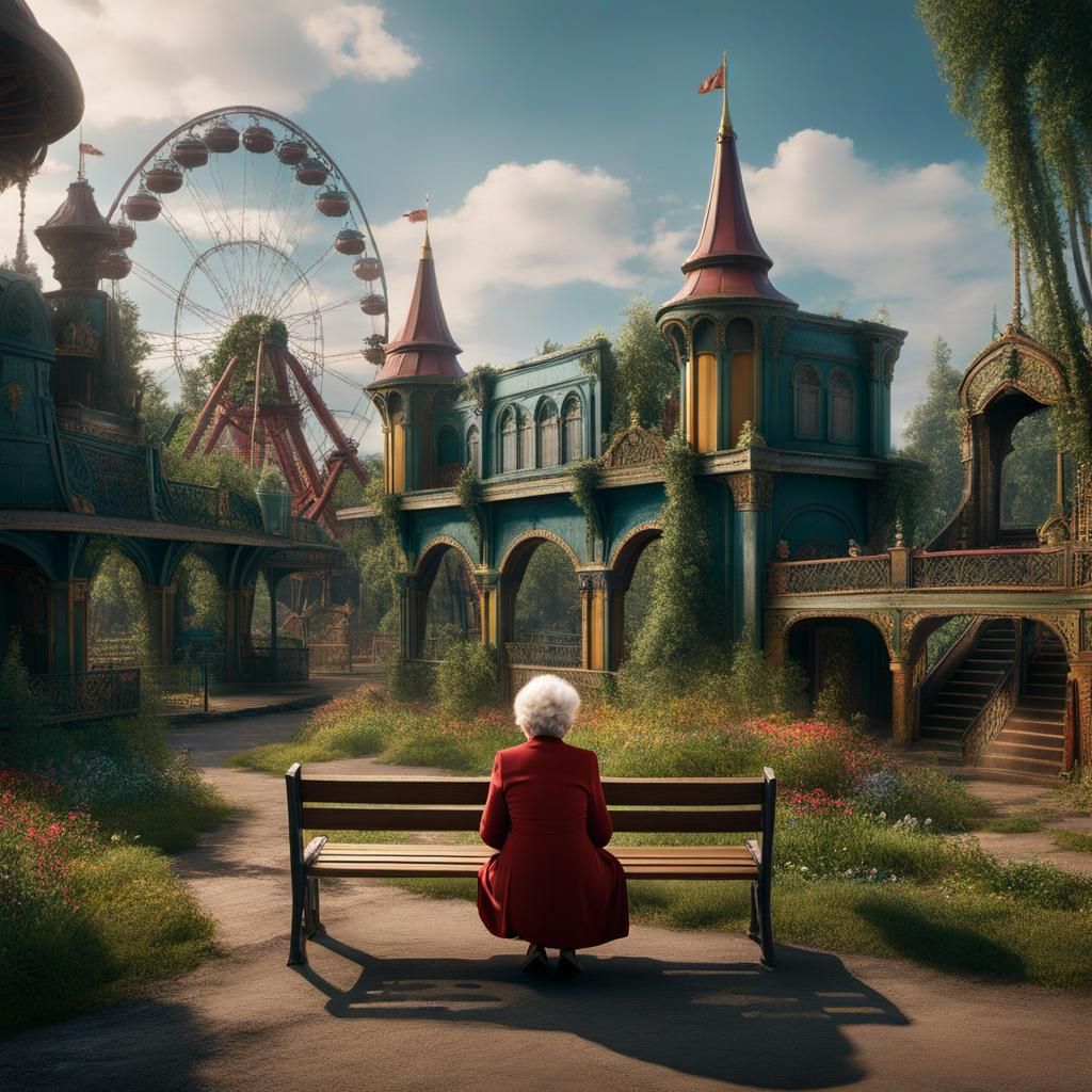 Nostalgic Woman in Abandoned Theme Park, Digital Art