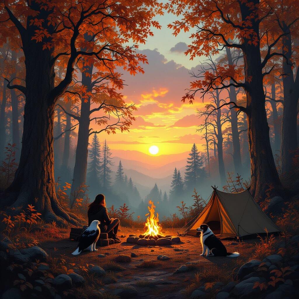 Fantasy Autumn Forest Campfire with Person, Eagle, and Dog