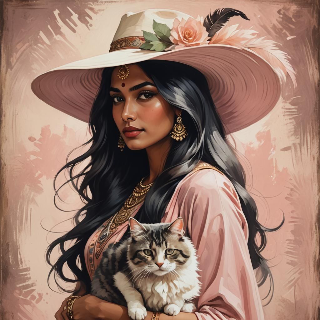Elegant Indian Woman With Cat in Acrylic Style