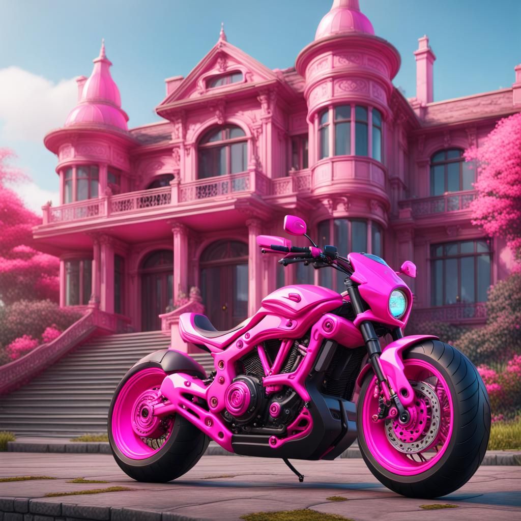 Fluorescent Pink Motorcycle with Mansion Background