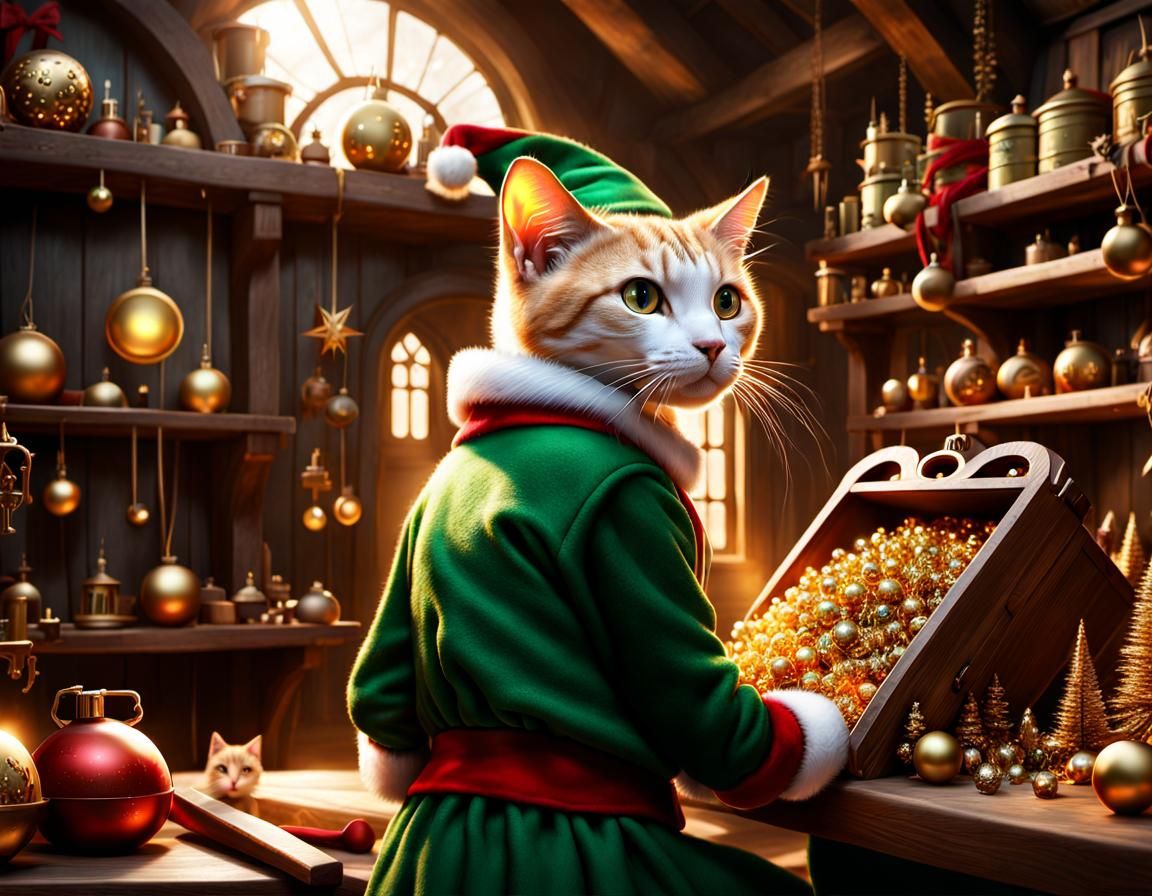 Anthropomorphic Cat as Elf in Toy Workshop
