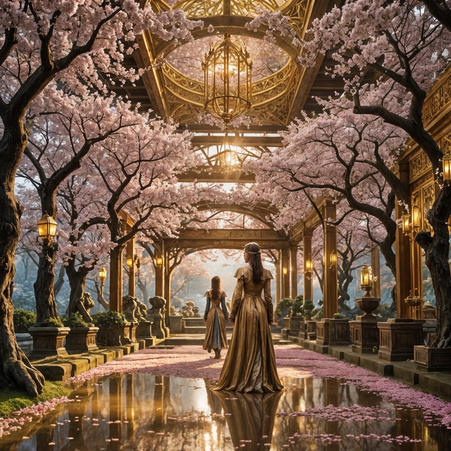 Epic Elven Cherry Blossom Garden in High Fantasy Style