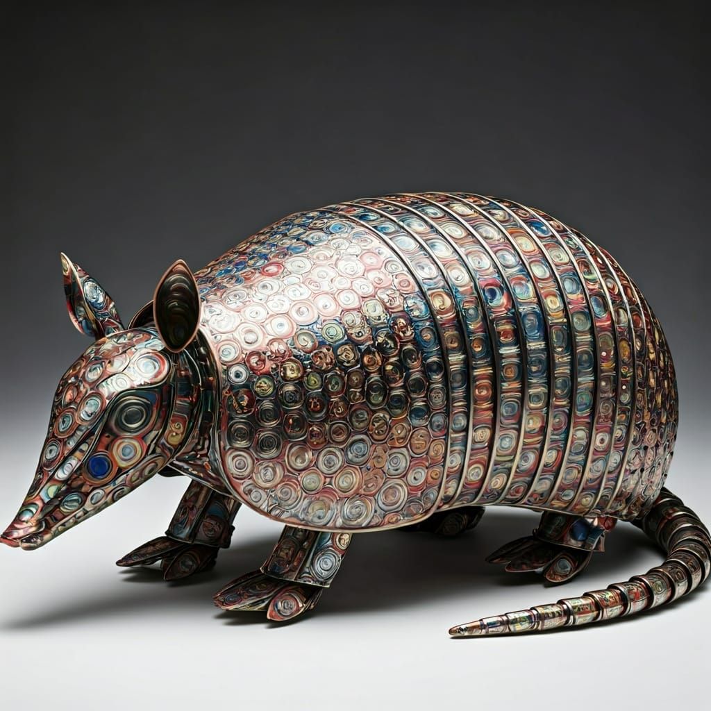 An armadillo made from colourful tin cans