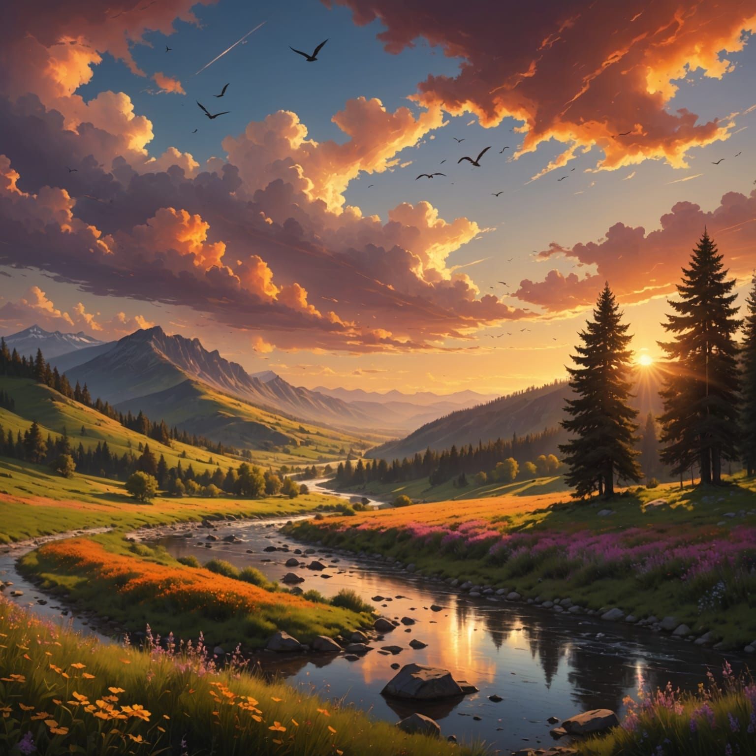 Surreal Sunset Valley in Vibrant Orange and Pink