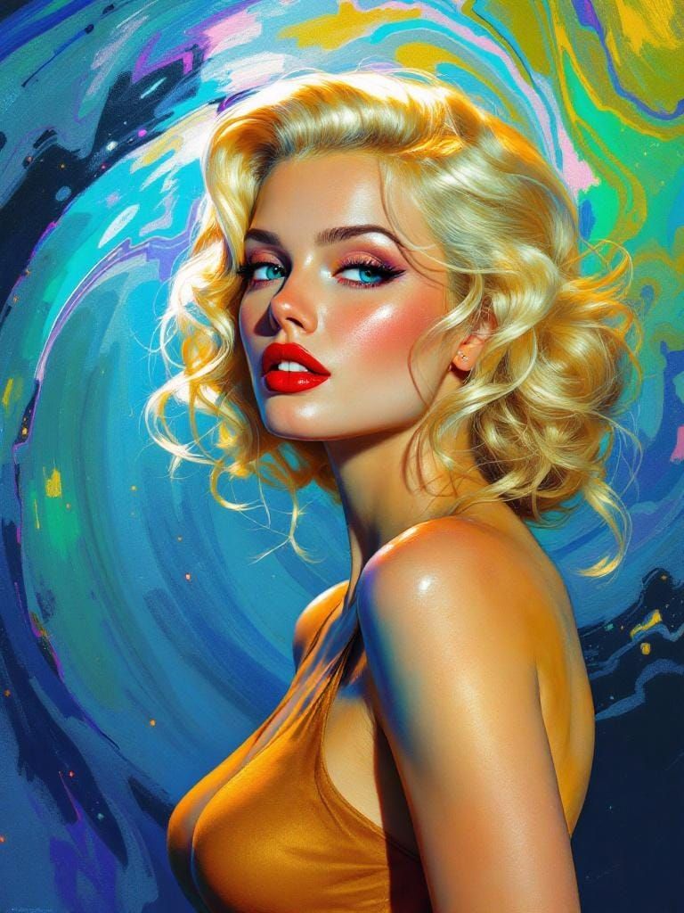 Blonde Pin-Up in Retro-Cyberpunk Impasto Style