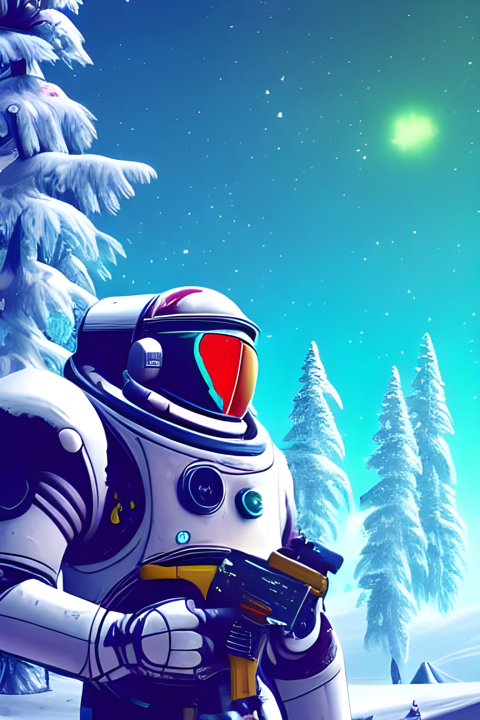 Space Knight in Snowy Cyberpunk Forest