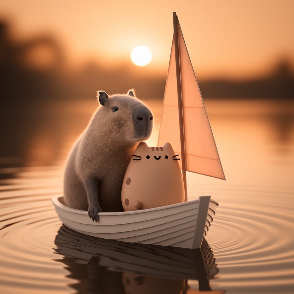 Sailboat Serenity: Capybara and Pusheen Cat at Sunset