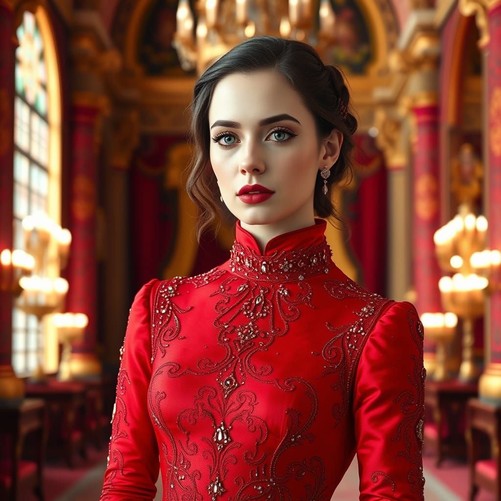Elegant Sci-Fi Victorian Bride in a Lavish Red Silk Brocade ...