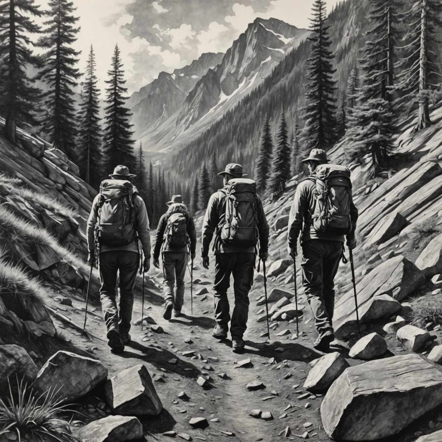 Hyperdetailed Charcoal Drawing of Hikers