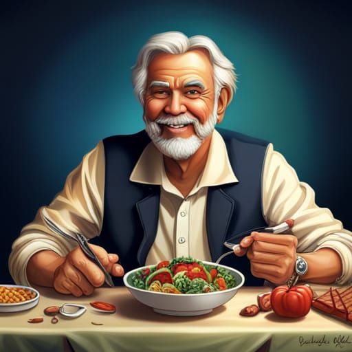 Hyperrealistic Kenny Rogers Laughing Eating Salad