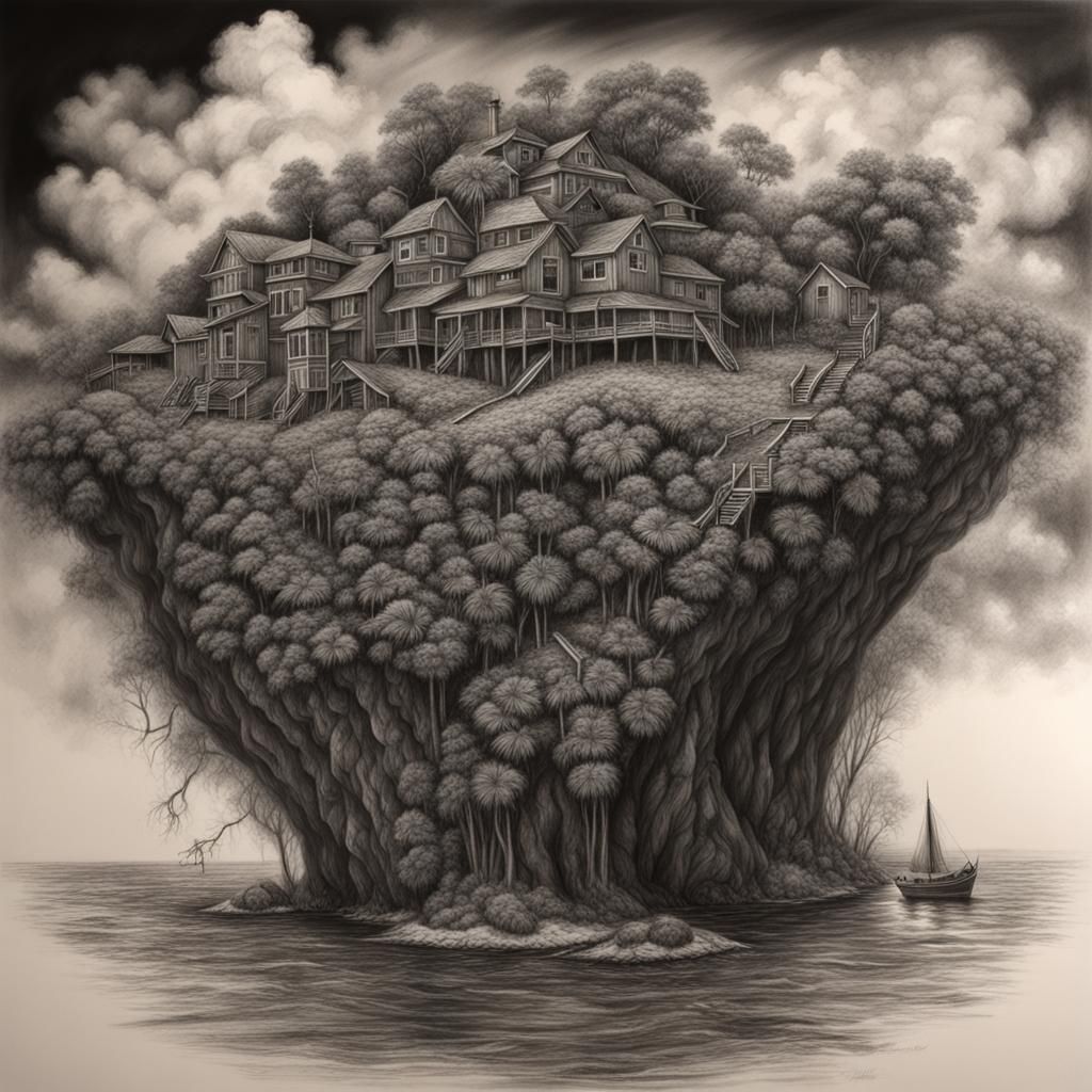 Hyperdetailed Charcoal Drawing of a Mysterious Island