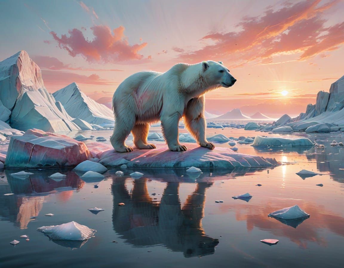 Polar Bear on Frozen Coastline, Watercolor Painting