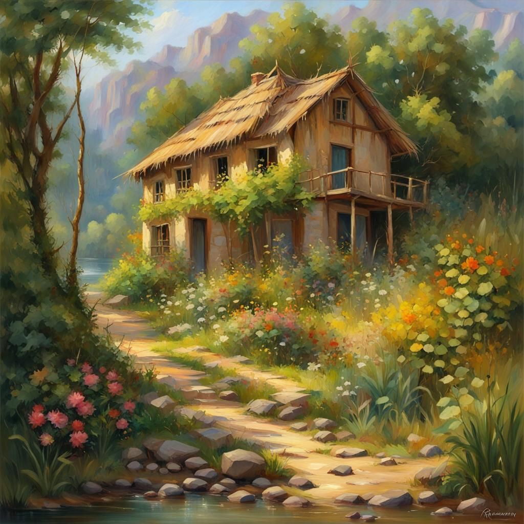 beautiful big flower tropical tree, simple straw house dirty...