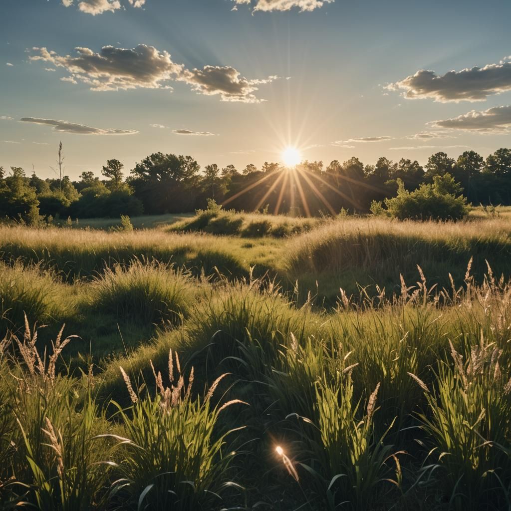 Golden Hour Field with Lens Flare