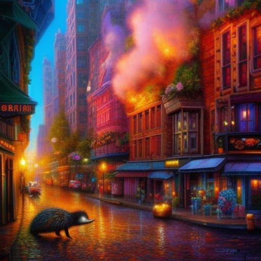 Hedgehog Smoking Pipe: Cartoon Oil Painting